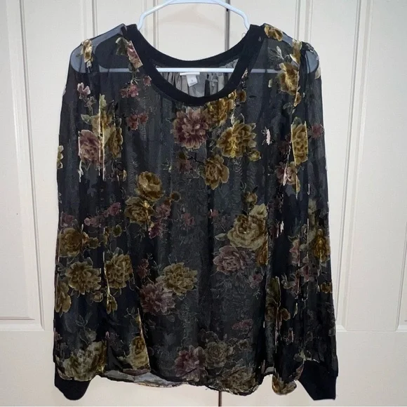 A New Day Sheer Velvet Floral Long Sleeve Blouse Size Large - Picture 1 of 9